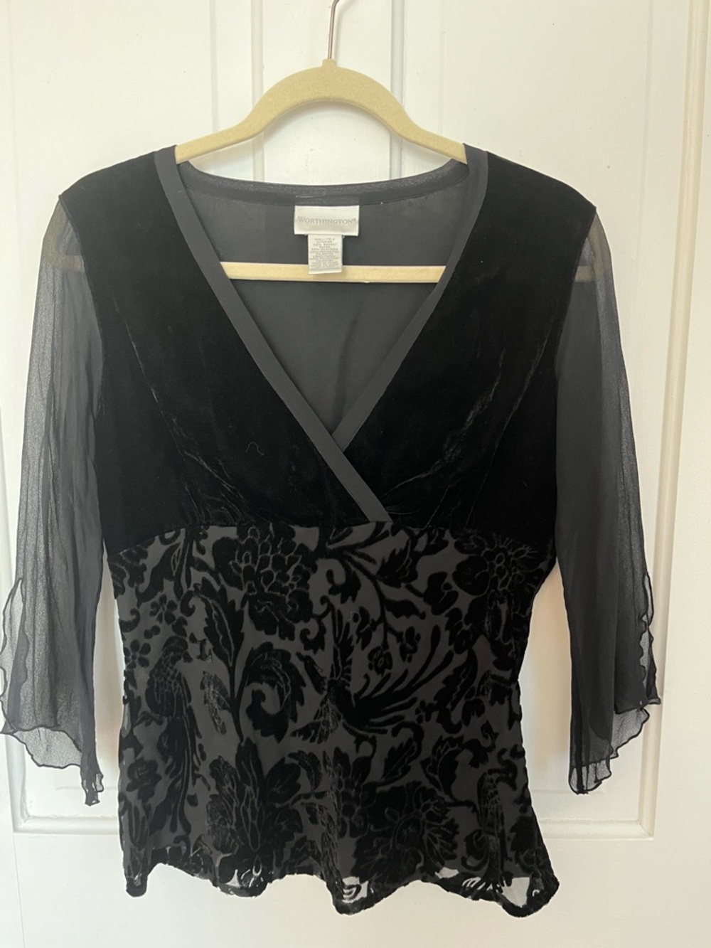 Worthington Black Velvet Burnout V-Neck Blouse. Wears a bit small.